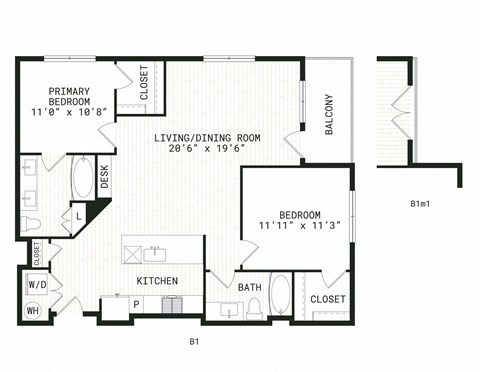Floor plan for 2 beds, 2 baths, 1068 sqft